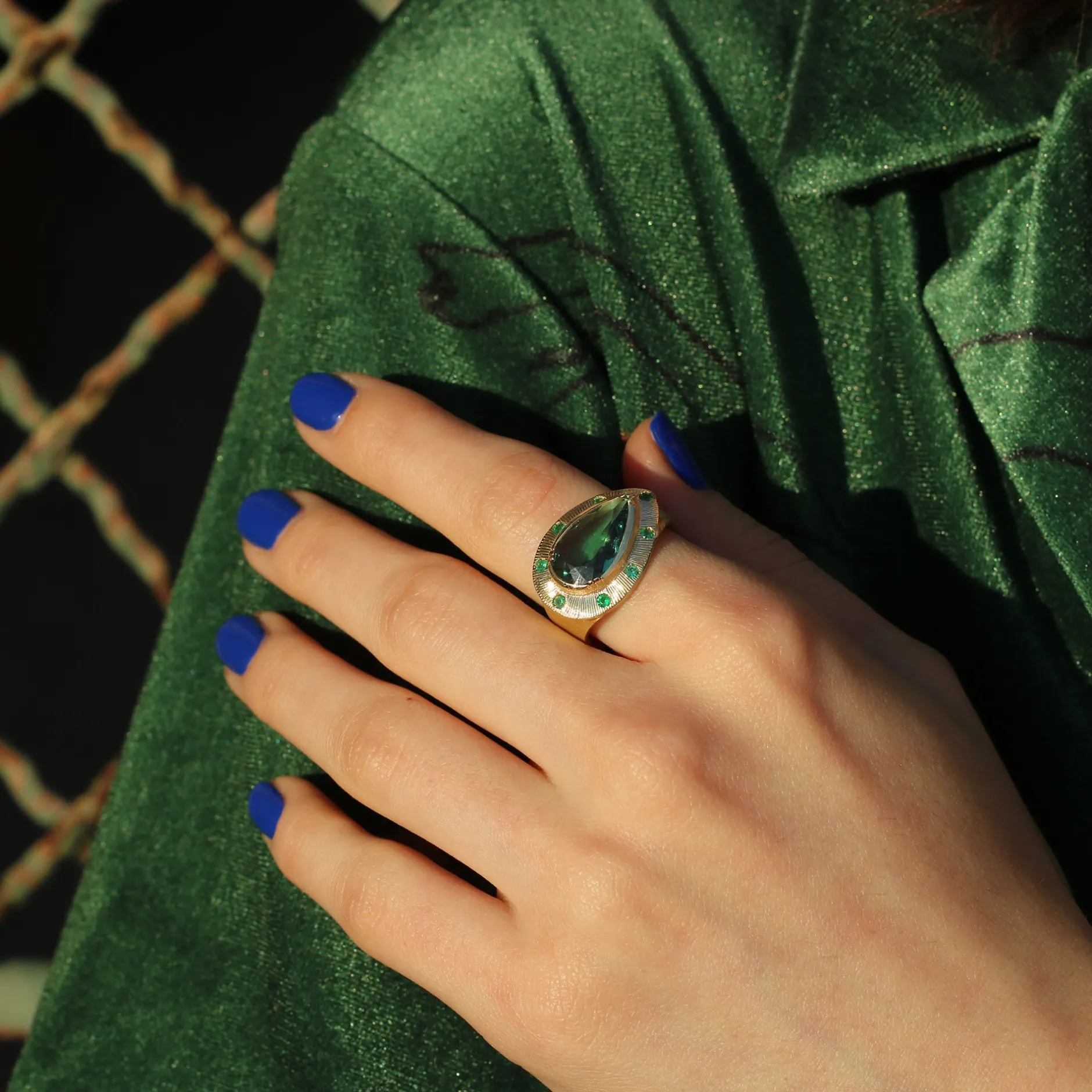 INDICOLITE TOURMALINE TALISMAN ENGRAVED RING^Brooke Gregson Shop