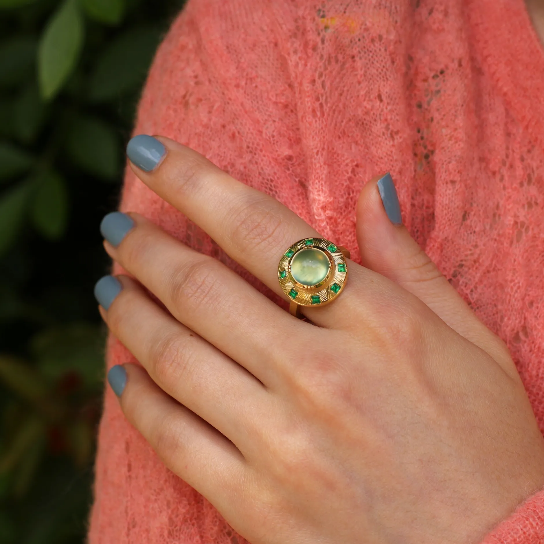 PREHNITE EMERALD SUN DIAL ENGRAVED RING^Brooke Gregson Shop